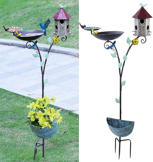 54.3 Tall Outdoor Metal Bird Bath Combo, Birdhouses for Outdoors, Bird Feeder Tray and Planter 4 in 1 Garden Yard Decoration