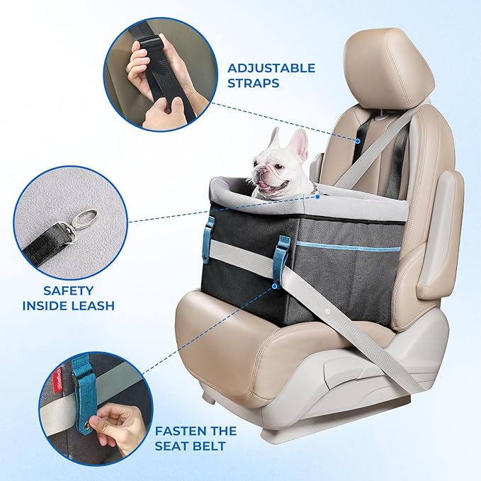 BurgeonNest Dog Booster Car Seat for Small Dogs, Washable Anti-Collapse Pet Bed for Car Front Back Seat, Cat Puppy Travel Carseats Up to 25lbs, Clip-On Safety Leash and Booster Fluffy Pad, Grey
