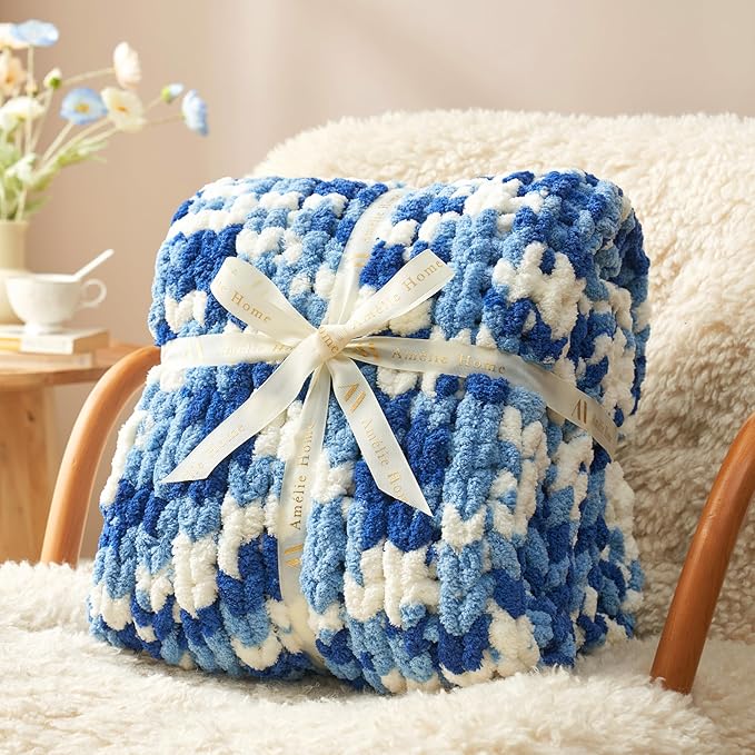 Amélie Home Chunky Knit Throw Blanket for Couch, Soft Chenille Crochet Blanket for Sofa, 50"x60", Space-Dyed Blue