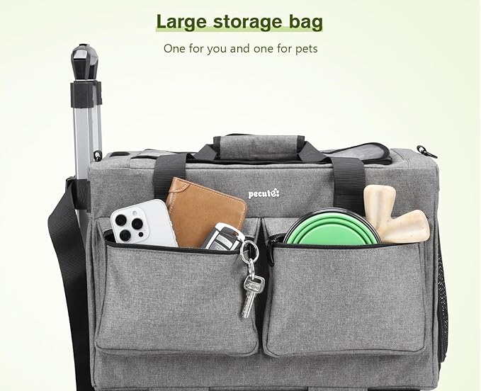 Pecute Cat Carrier with Wheels,Steel Wire Frame Cat Carrier, Stable Pet Trolley Bag for Cats, Pet Handbag and Stroller, Portable Cat Carrier Bag for Car Travel Bus Subway, Grey