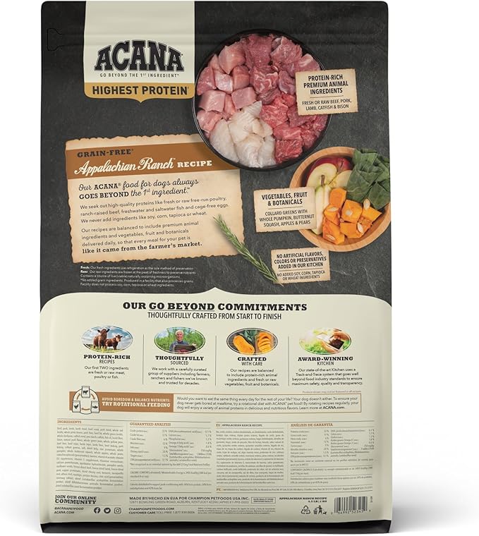 ACANA Highest Protein Grain Free Dry Dog Food Appalachian Ranch Recipe 4.5lb Bag