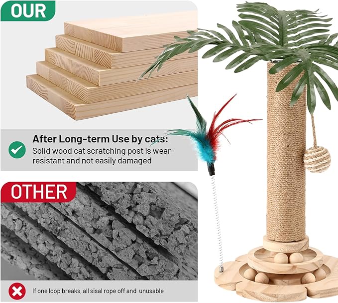Palm Tree Cat Scratching Post Sisal Cat Scratch Pole with Hanging Ball,Wooden 2 Level Track,Interactive Toy for Indoor Small Kitten