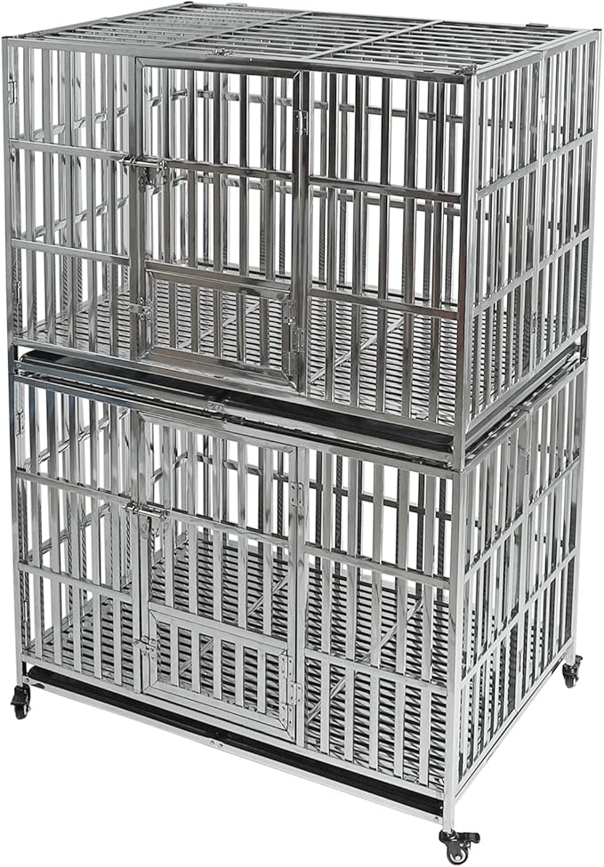 47 INCH Heavy Duty Dog Cage Stainless Steel Pet Crate Kennel with Lockable Wheels & Removable Trays for Large and X-Large Dogs (Stackable)