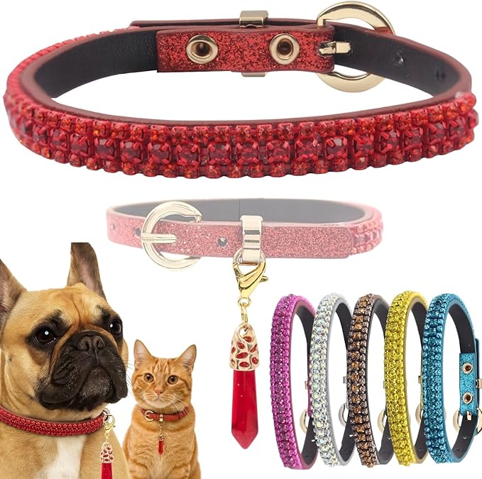 PEARLY JUN Rhinestone Dog Collars for Small Dogs Cat, XS Red Bling Diamond Cat Collar Cute Luxury Crystal Pet Puppy