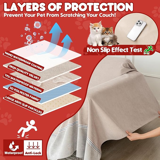 Living Room High Stretch Sofa Cover Pets Dogs Friendly, Cat Scratch Furniture Protector - Anti-Slip, Waterproof Sofa Cover to Keep Cats Off, Anti-Scratch Couch Cover for Pets and Kids 150"X91"Khaki