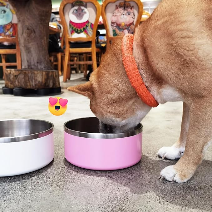 LIHONG Stainless Steel Dog Bowls for Large Dogs,Dog Food Water Bowls with Non Slip Rubber Bottom,Pet Feeding Bowl,Double Wall Insulated,Rustproof(64oz,Pink)