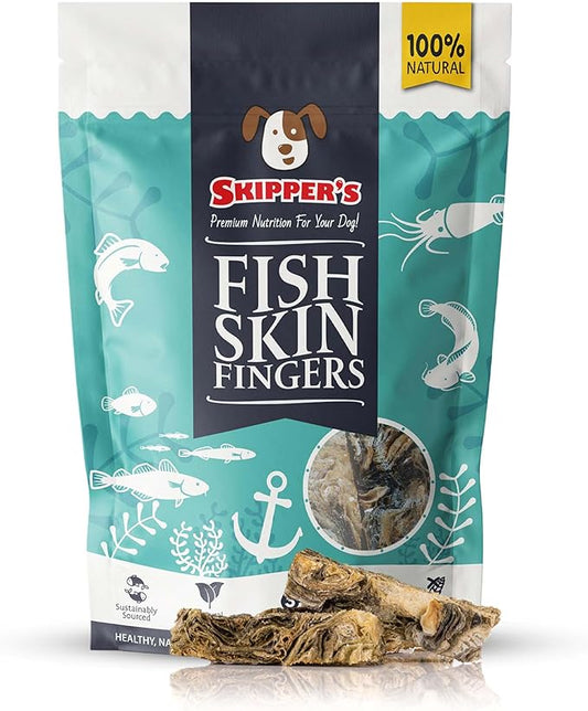 SKIPPER'S Cod Fish Skin Finger Dog Treats - All Natural & Healthy Fish Skin Sticks, Air Dried Long Lasting Chews for Dogs, Good for Teeth and Digestion, Rich in Omega 3, Hypoallergenic | 8.82 Oz