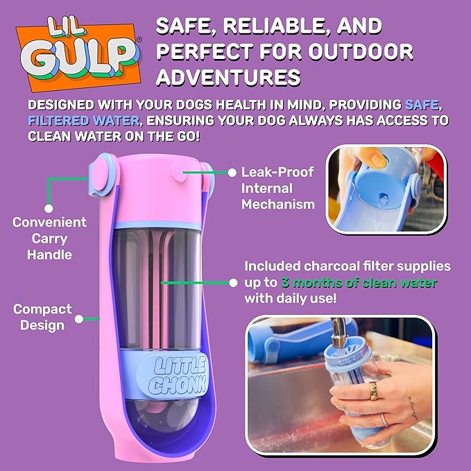 Lil Gulp Dog Water Bottle | Advanced Carbon Filtration for Safe Filtered Water on The Go | BPA-Free Leak-Proof Portable Dog Travel Water Bottle with Retractable Water Spout 15 Fl oz - Cotton Candy
