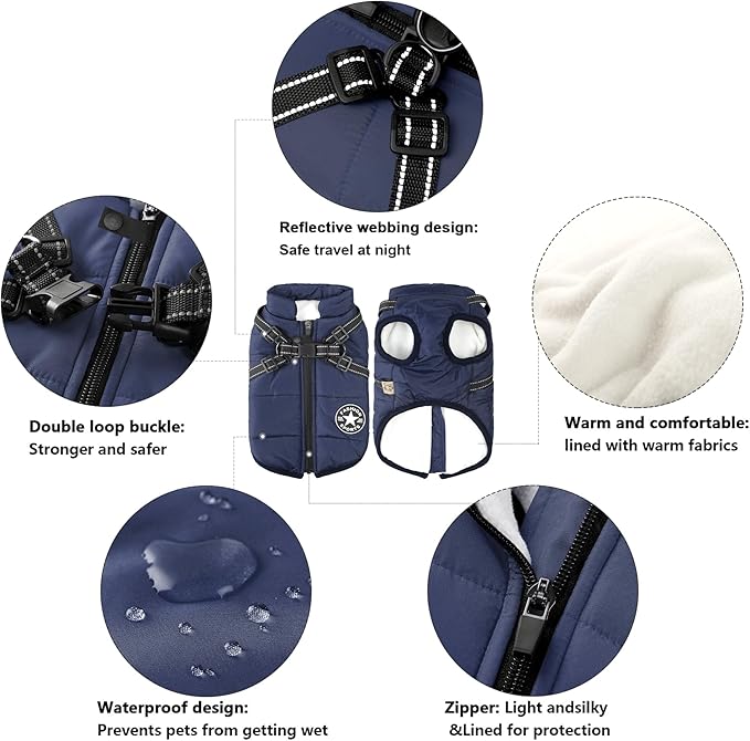 Aiboria Dog Jackets for Winter Windproof Waterproof 2 in 1 Outfit Cold Weather Coat Dog Vest Harness Puppy Winter Warm Jacket Blue XXL
