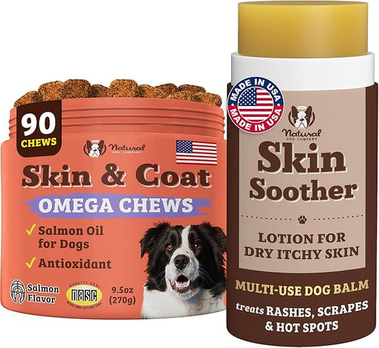 Natural Dog Company Skin & Coat Essentials Bundle, Skin & Coat Supplement + Skin Soother Healing Balm, Promotes Healthy Skin & Coat and Relieves Dry, Itchy Skin
