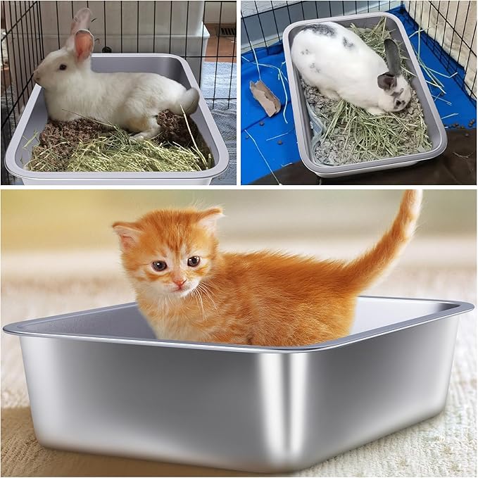 Small Stainless Steel Litter Box,15.7"x11.8"x4" Kitten Litter Box, Easy Clean Non Stick Easy Entry No Smell Metal Litterbox for Kittens/Kitty/Rabbits