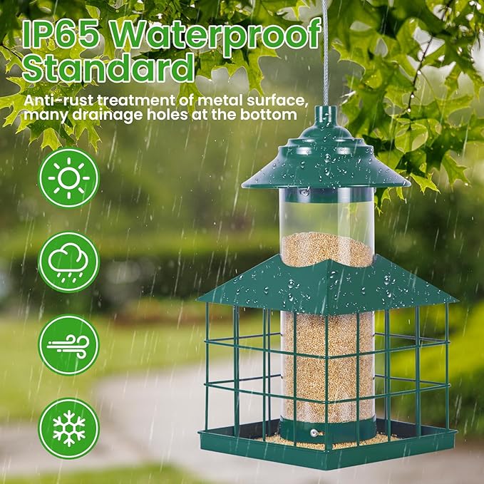 Squirrel Proof Bird Feeder, Hanging Metal Cage Bird Feeders for Outdoors, Weather Resistant Wild Bird Feeders with Finch Cardinal Chickadee, 3.4 LB Large Capacity,Green