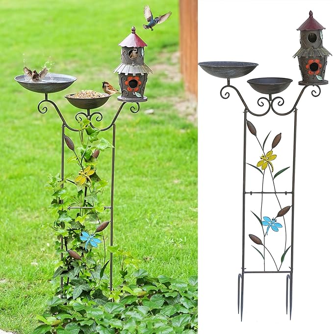 52.4" H Metal Bird Bath with Trellis for Outdoor,Bird Feeder and Metal Bird Houses,Garden Plant Support,4-in-1,Doubles As The Climbing Plant,Garden Yard Decor