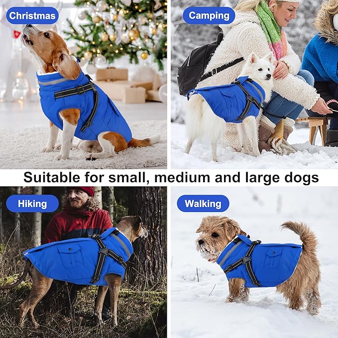Dogcheer Dog Coat with Harness, Waterproof Dog Jacket Christmas Puppy Winter Coat with Pockets, Reflective Doggy Winter Jacket Soft Pet Fleece Snow Jacket for Small Medium Large Dogs - Blue, L