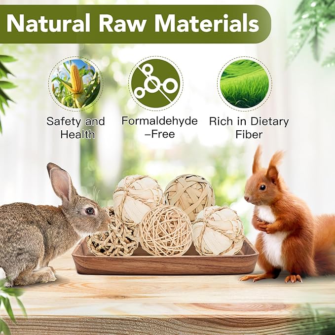 8 Pack Small Pet Chew Toys - 7cm Natural Woven Balls for Rabbits, Guinea Pigs, Hamsters (2 Seagrass, 2 Rattan, 2 Corn Husk, 2 Seaweed Rope) - Safe Dental Grinding Toys