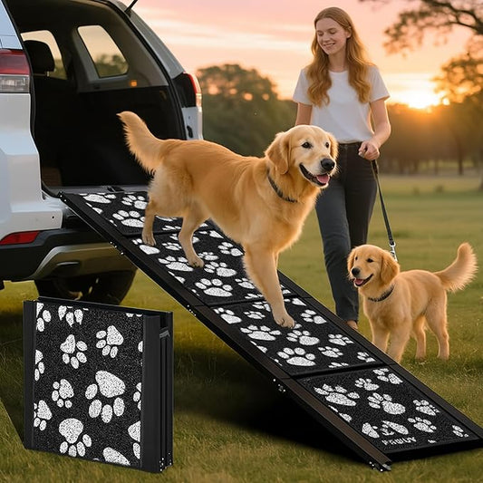 Dog Ramp for Car – Portable Folding Aluminum Pet Ramp with Non-Slip Paw Print Surface – Extra Wide Portable Ramp for Large, Small & Senior Dogs to Get in Cars, SUVs, Trucks & Beds- 71" Long & 17" Wide