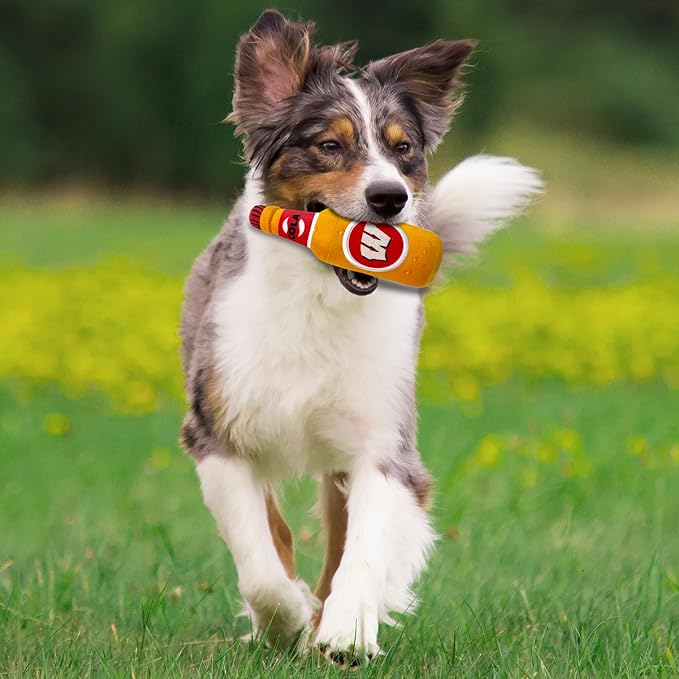 NCAA Wisconsin Badgers Beer Bottle Plush Dog & CAT Squeak Toy- Cutest Stadium SODA Bottle Snack Plush Toy for Dogs & Cats with Inner Squeaker & Beautiful Football/Basketball Team Name/Logo