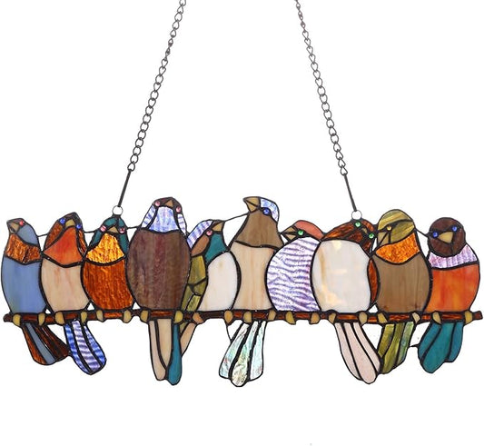 Bieye W10002 Tropical Birds Tiffany Style Stained Glass Window Panel Hangings with Chain, 19" W x 11.4" H