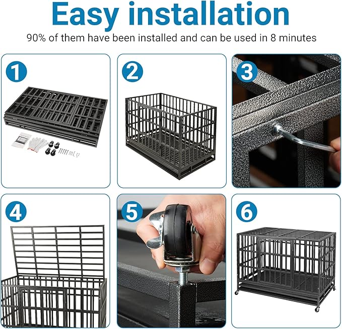 48 Inch Heavy Duty Dog Crate Kennel with Wheels, High Anxiety Indestructible Dog Crates for Large Dogs, XL XXL Extra Large Dog Crate with Removable Plastic Tray, Two Locks (Black, Square)