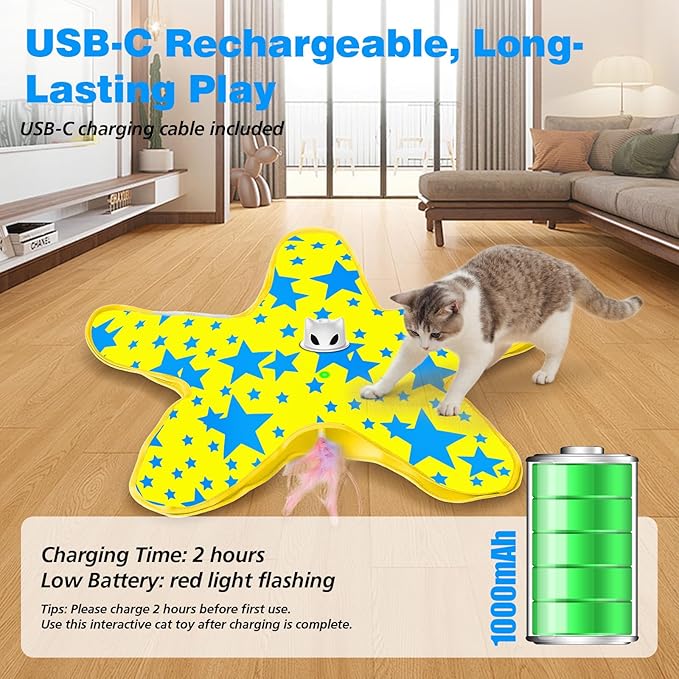 Interactive Cat Toys for Indoor Cats, Rechargeable Hide and Seek Cat Toy with Moving Concealed Feathers, Touch Activated Kitten Toys Cat Exercise Toys, Yellow Blue Cover