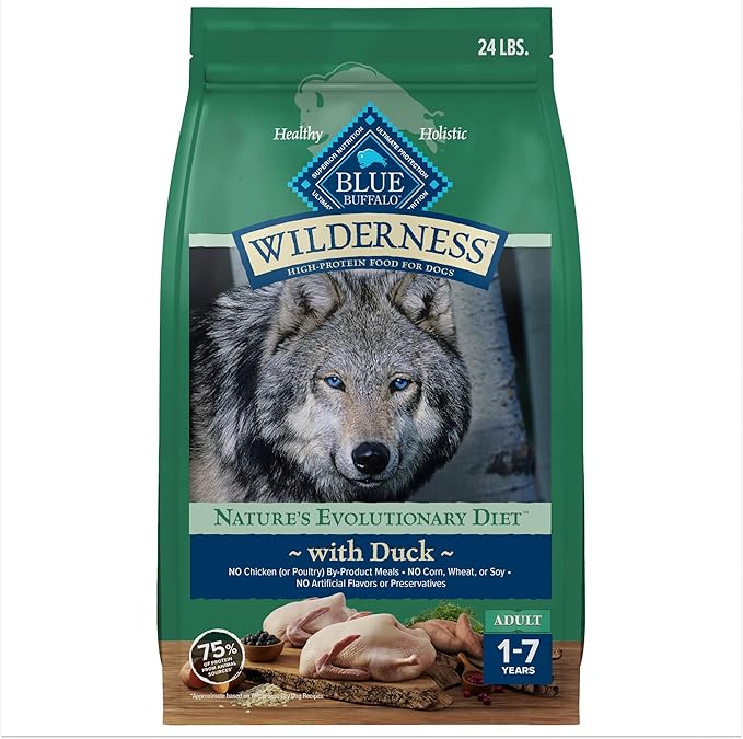 Blue Buffalo Wilderness Natural High-Protein Dry Food for Adult Dogs, WITH WHOLESOME GRAINS, Duck, 24-lb Bag.