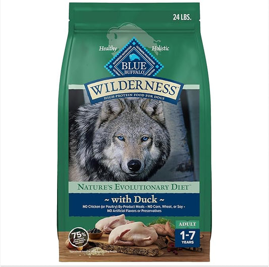 Blue Buffalo Wilderness Natural High-Protein Dry Food for Adult Dogs, WITH WHOLESOME GRAINS, Duck, 24-lb Bag.
