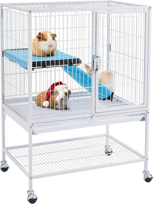 Yaheetech Small Animal Cage, Metal Pet Cage with Removable Tray/Ladder/Wheels, Ferret Cage, Chinchilla Cage, Sugar Glider Cage, White