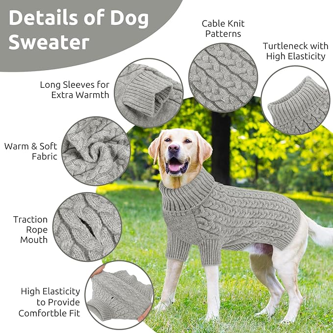 SAWMONG Dog Sweater, Dog Sweaters for Large Dogs Girls Boys, Pullover Turtleneck Knitted Doggy Sweatshirt, Cold Weather Pet Clothes（Grey, 2X-Large