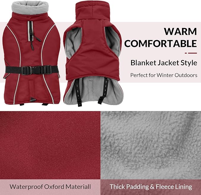 Queenmore XXL Dog Coat, Winter Jacket for Large Dogs, Waterproof Puffy Snowsuit, Adjustable Reflective Fleece Lining Warm Padding Parka for Cold Weather, Red 2XL