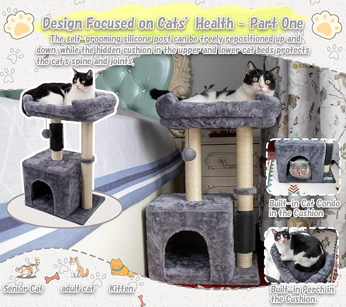 26.8" Small Cat Tree Tower,Cat Scratching Post for Indoor Cats,Featuring with Cat Cave & Cozy Perch,Cat Self Groomer and Interactive Dangling Ball Great for Kittens/Cats (Beige, Medium)
