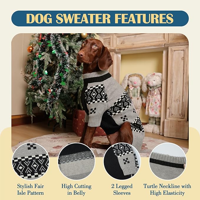 ROZKITCH Long Sleeve Dog Sweater for Large Dogs, Breathable Knit Sweatshirt with Fair Isle Pattern, Warm Winter Pet Clothes for Extra Large Dogs Easy to Wear Grey 5XL