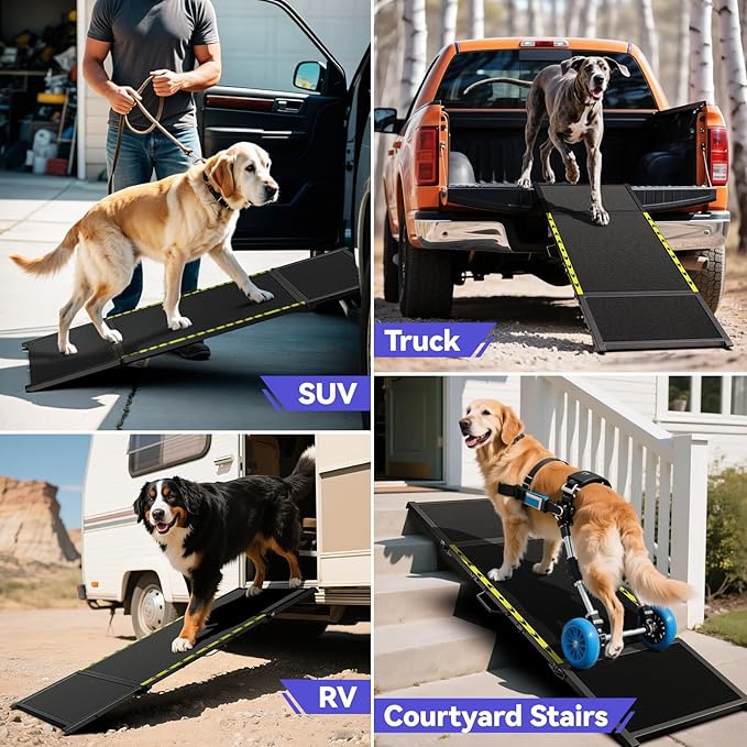 74'' L & 20'' W Longest Dog Ramp for Car - Extra Wide Portable Pet Dog Ramps for Large Dogs, Dogs Cars Ramp for Car SUV/Truck/RV/Bed, Lightweight Ramps with Non-Slip Mesh Up to 300LBS, Black