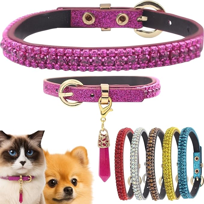 PEARLY JUN Rhinestone Dog Collars for Small Dogs Cat, XS Fuchshia Bling Diamond Cat Collar Cute Luxury Crystal Pet Puppy
