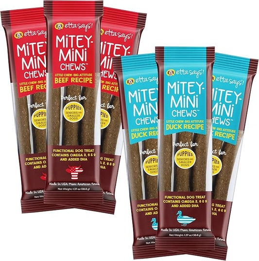 etta says! Mitey Mini Chews Dog Treats - Made in The USA - Grain-Free and Odor-Free - All-Natural Dog Chews - Perfect for Puppies and Senior Dogs - with Omega 3, 6, and 9 - Variety - 6 Pack