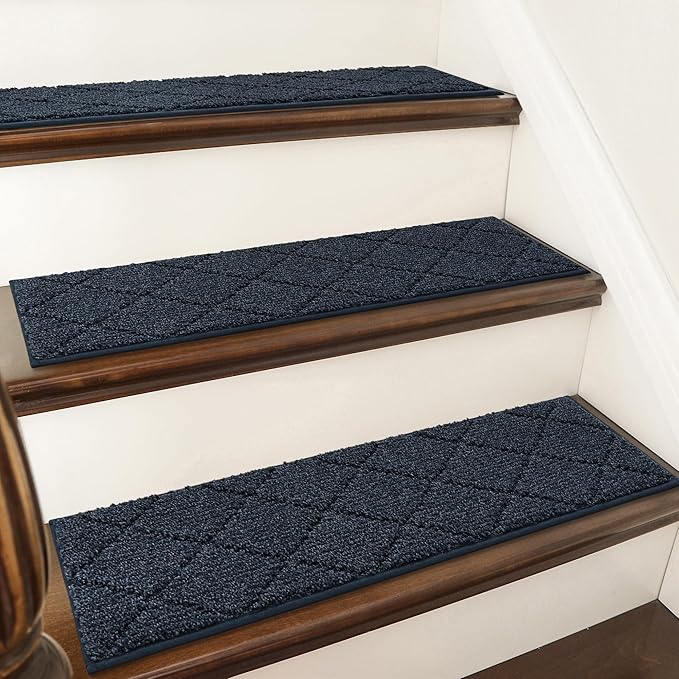 COSY HOMEER Edging Stair Treads Non-Slip Carpet Mat 28inX9in Indoor Stair Runners for Wooden Steps, Edging Stair Rugs for Kids and Dogs, 100% Polyester TPE Backing (15pc, Navy)