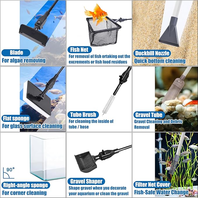 Aquarium Cleaning Kit - Fish Tank Gravel Vacuum Cleaner & Algae Scraper for Glass Tanks, Easy Water Change & Algae Removal for Freshwater & Saltwater Tanks, Maintain Clear & Healthy Water