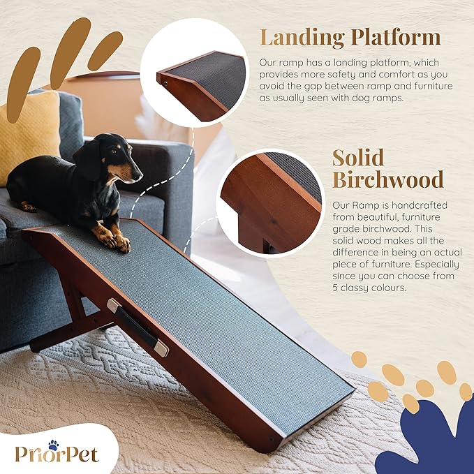 Dog ramp for Couch – Non-Slip, Sturdy Build Foldable Dog ramp – Supports up to 200lbs – Adjustable 7'' to 20'' – Landing Platform Seamlessly Connects – Birchwood Pet Ramp for Small Dogs – Walnut