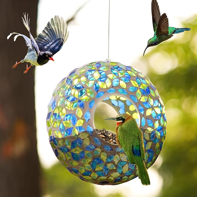 Topadorn Bird Feeder Fly Through Mosaic Round Stained-Glass Birdfeeder, Outdoor Hanging Wild Bird Feeder Squirrels-Proof for Garden Decoration Gift, Green & Blue Bird feeders, 9"