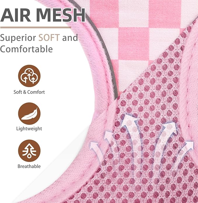 PUPTECK Soft Mesh Dog Harness and Leash Set Pet Puppy Cat Comfort Padded Vest No Pull Harnesses, Checkered Pink&White, M