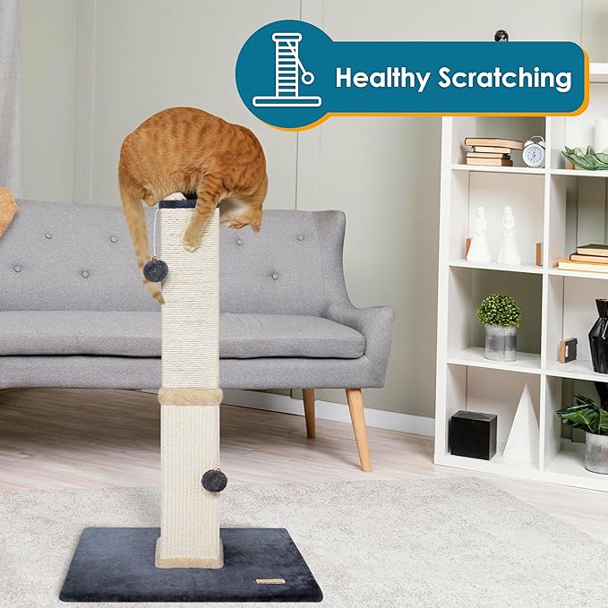 PAWBEE Cat Scratch Post Tower - 32” Tall Cat Scratching Post with Jingle Bells and Plush Balls - Sisal Cat Scratcher with Larger Base for Better Stability - Cat Scratching Posts for Indoor Cats