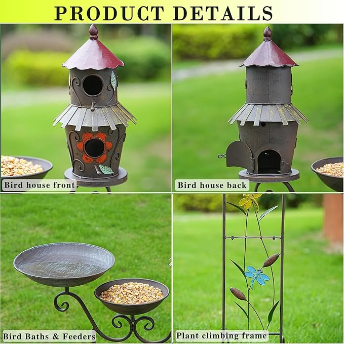 52.4" H Metal Bird Bath with Trellis for Outdoor,Bird Feeder and Metal Bird Houses,Garden Plant Support,4-in-1,Doubles As The Climbing Plant,Garden Yard Decor