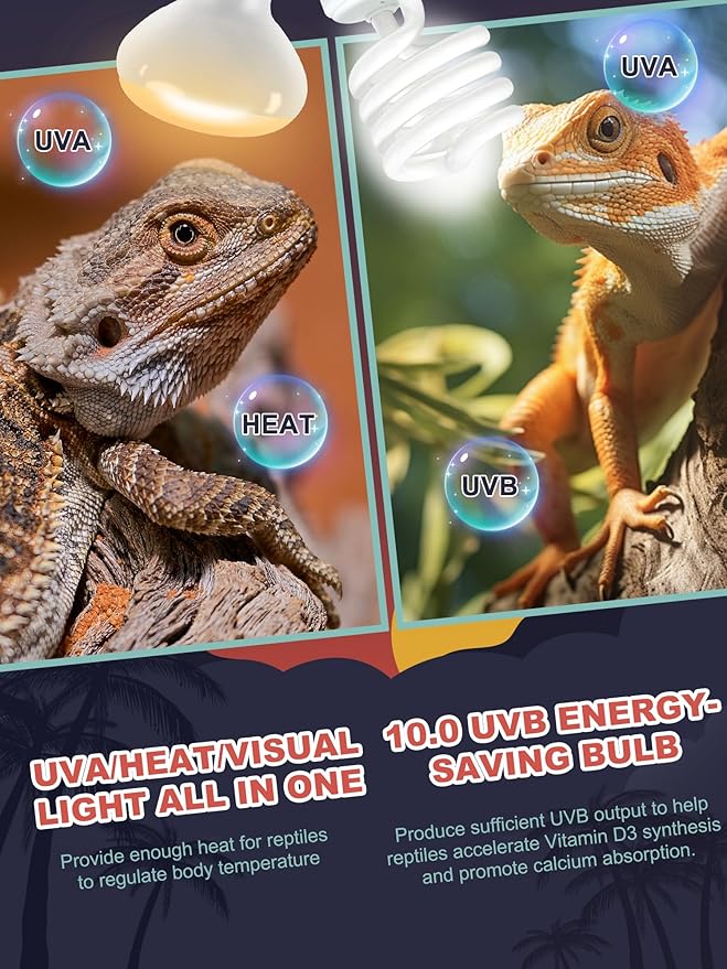 Heat Lamp Combo, 100W UVA Daylight Reptile Heat Lamp Bulb and 26W Desert 10.0 UVB Light for Reptiles, Energy Saving UVB Bulb, Infrared Light Basking Light for Bearded Dragon, Turtle and Lizard