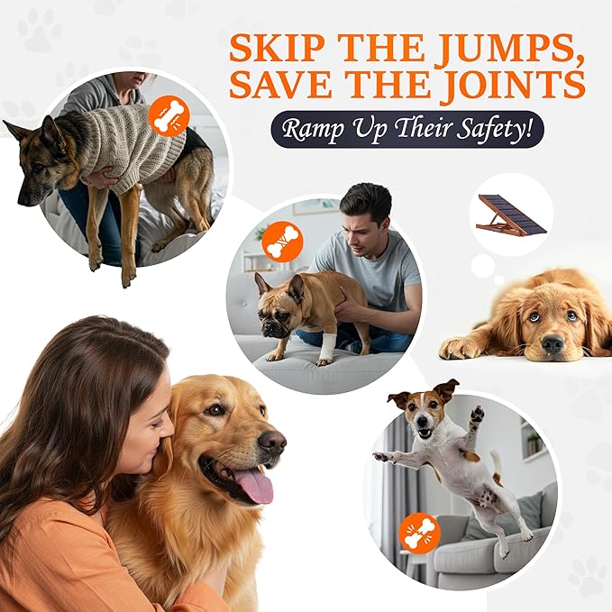 Adjustable Dog Ramp for Bed - Foldable Wooden Ramp for Dogs to Get on Bed, Couch, or Car - Ideal for Small, Medium, and Large Breeds (Natural Wood with Grey Carpet)