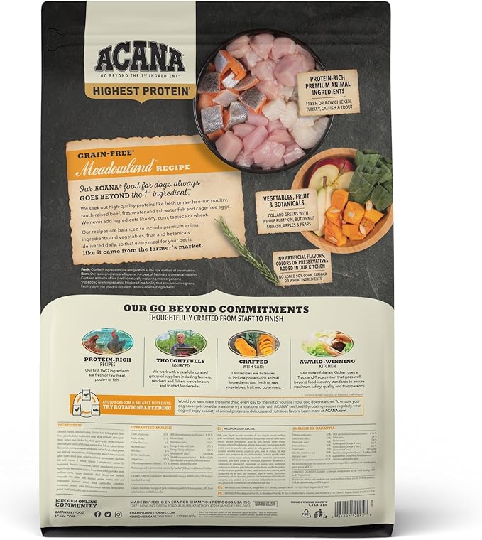 ACANA Highest Protein Grain Free Dry Dog Food Meadowlands Recipe 4.5lb Bag