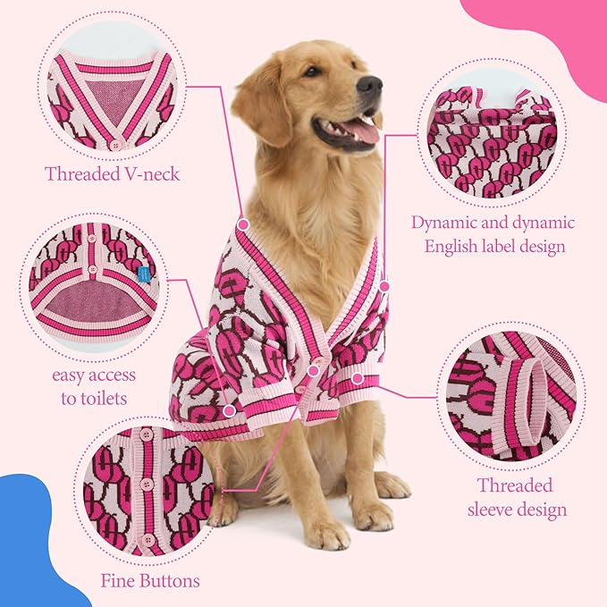 Dynamic Letter Patterned Button Cardigan Dog Sweaters,Boys' Dog Sweater,Girls' Dogs Sweaters,Knitted Pet Clothes,Pet Clothing,Fit for Kinds of Dogs and Different Seasons(Pink XL)