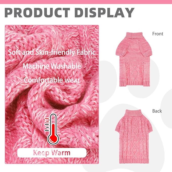 KOOLTAIL Thermal Knitted Dog Sweater for Small Medium Large Dogs, Turtleneck Cable Knit Doggy Winter Coat Warm Clothes Sweatshirt Outfits for Cold Weather,Pullover Pet Jumper for Puppy Cats Pink XL