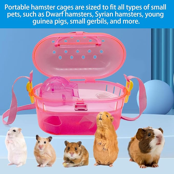kathson Portable Hamster Cage Dwarf Hamster Carry Case Syrian Hamster Carry Travel Cage with House Food Bowl Adjustable Strap Pet Outgoing Cages Carrier for Small Hamster Young Guinea Pig Pink
