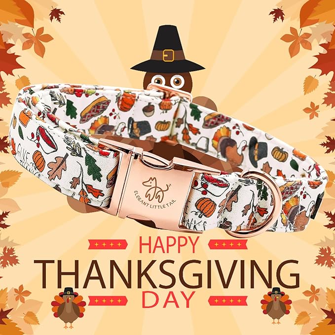 Elegant little tail Thanksgiving Dog Collar, Fall Turkey Print Pet Collar Durable Dog Collars Male or Female Holiday Pet Gift Adjustable Dog Collar for X-Large Dogs