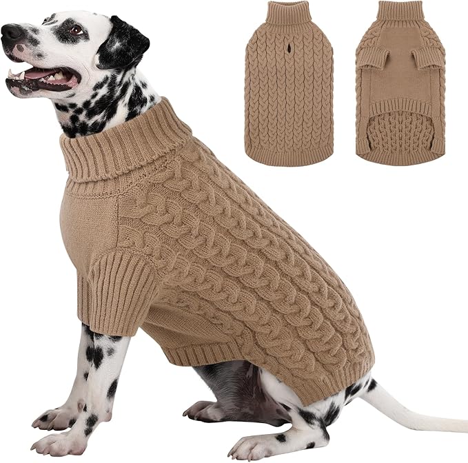SAWMONG Dog Sweater, Dog Sweaters for Large Dogs Girls Boys, Pullover Turtleneck Knitted Doggy Sweatshirt, Cold Weather Pet Clothes（Khaki, Large
