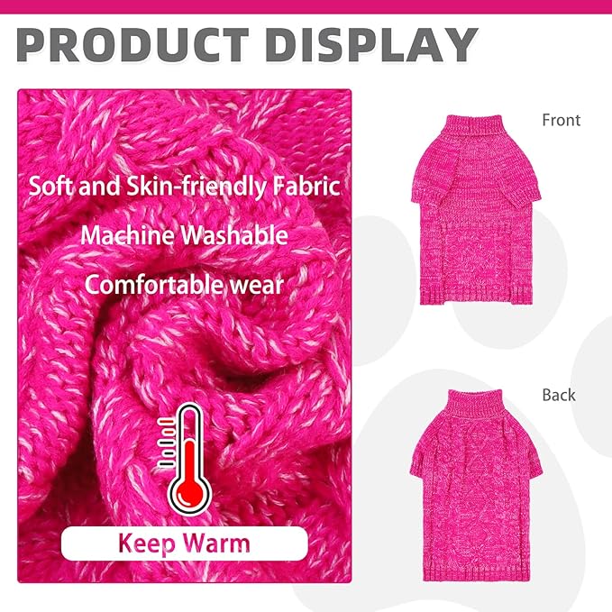 KOOLTAIL Dog Sweater for Large Medium Small Dogs, Fall Dog Sweaters, Turtleneck Cable Knitwear Pet Cold Weather Coats with Leash Hole, Warm Winter Pullover Clothes for Bulldog, Yorkie,Boy Girl, Rose M